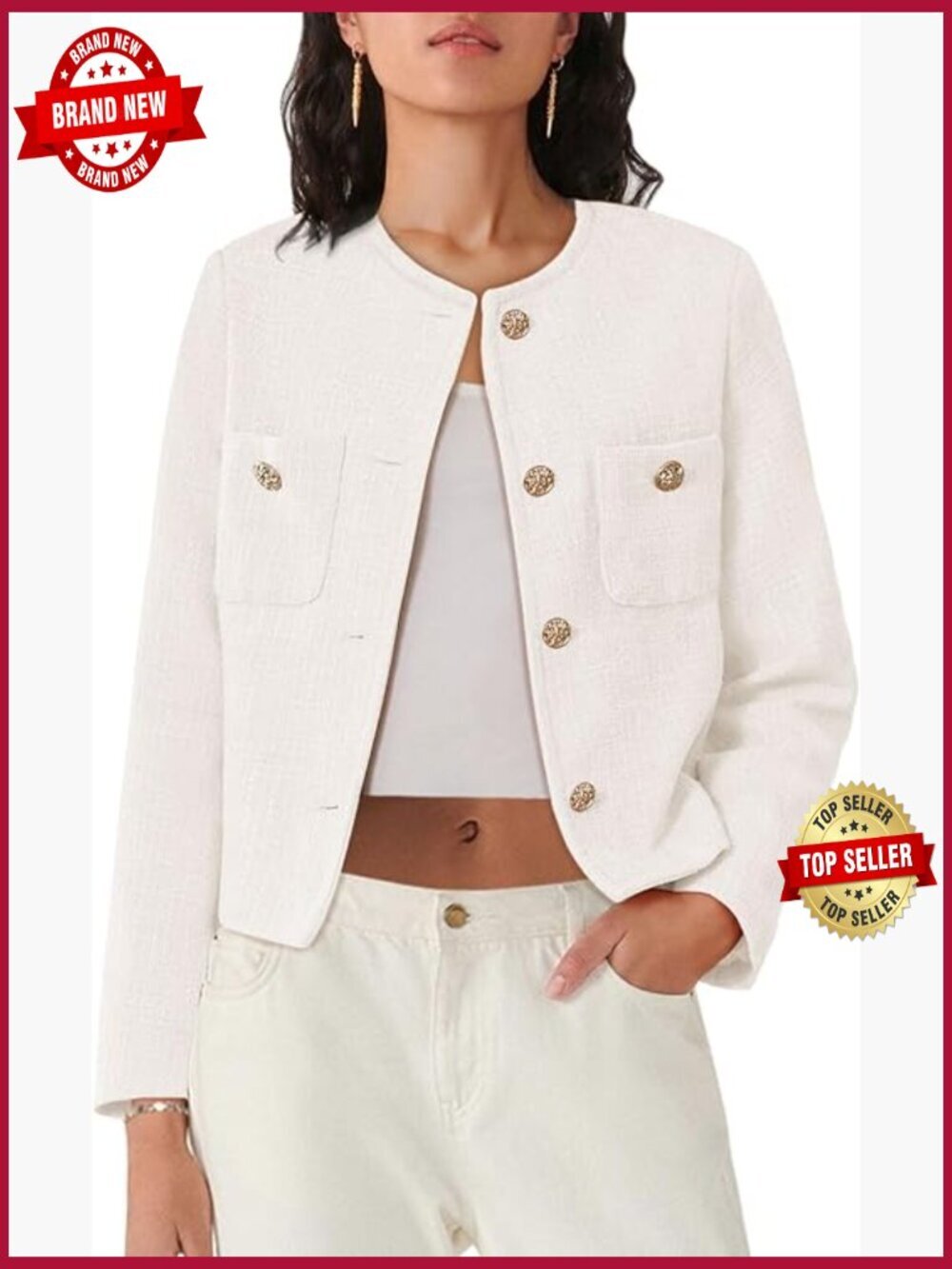 Women's Cropped Tweed Blazer Jacket Long Sleeve Button Down Casual Business
